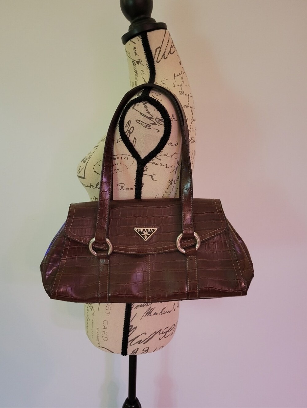 Brown Croc-Embossed Vegan Leather Shoulder Bag